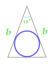 원의 영역에 새겨진 이등변삼각형,계산된 측면에서의 삼각지대 사이의 각도